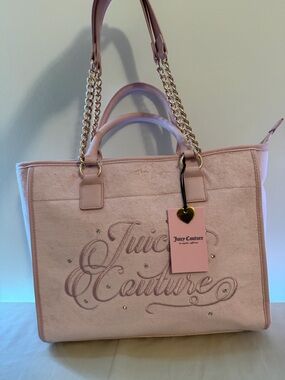 Juicy Couture Light Pink Embroidered Tote with Gold Chain Handles